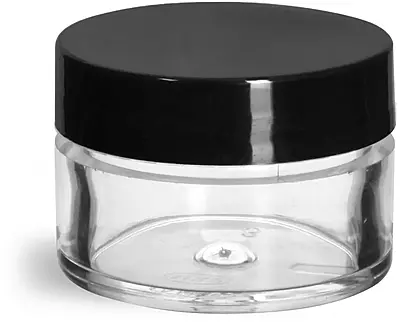 1/2 oz Clear Styrene Thick Wall Jars w/ Black Smooth Plastic Lined Caps