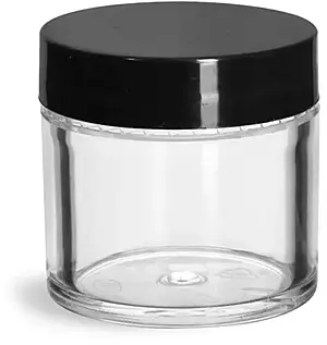 1 oz Clear Styrene Thick Wall Jars w/ Black Smooth Plastic Lined Caps