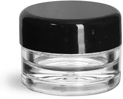 1/8 oz Clear Styrene Thick Wall Jars with Black Smooth Lined Plastic Dome Caps
