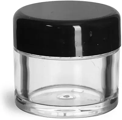 1/4 oz Clear Styrene Thick Wall Jars with Black Smooth Lined Plastic Dome Caps