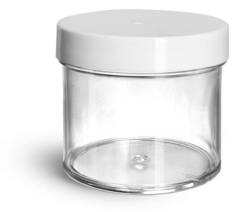 4 oz Clear Polystyrene Thick Wall Jars w/ White Smooth Plastic Lined Caps