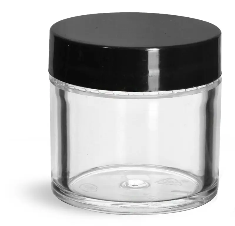 4 oz Clear Polystyrene Thick Wall Jars w/ Black Smooth Plastic Lined Caps