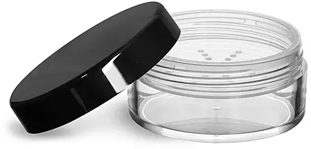 45 ml Clear Styrene Powder Jars w/ Sifters and Black Smooth Plastic Caps