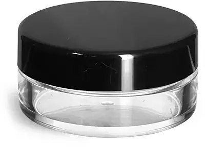 20 ml Clear Styrene Jars with Natural Double Sifters & Black Smooth Lined Caps