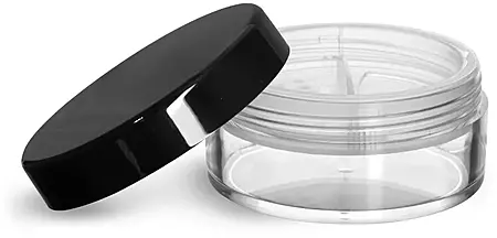 45 ml Clear Styrene Jars with Natural Double Sifters & Black Smooth Lined Caps