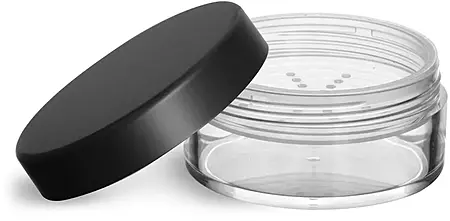 45 ml Clear Styrene Jars with Natural Sifters and Matte Black Lined Caps