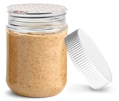 12 oz Plastic Jars, Clear PET Peanut Butter Jars w/ White Ribbed Induction Lined Caps