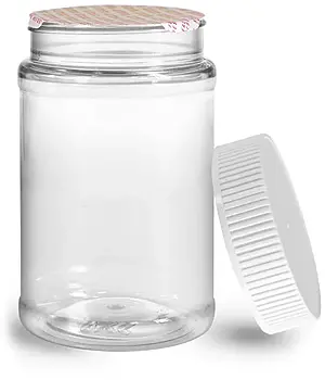 16 oz Plastic Jars, 16 oz Clear PET Round Jar w/ White Ribbed Induction Lined Caps