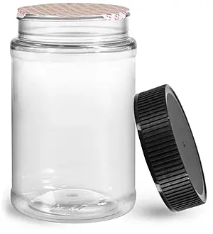 16 oz Plastic Jars, 16 oz Clear PET Round Jar w/ Black Ribbed Induction Lined Caps