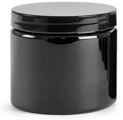 16 oz PET (PCR) Plastic Jars, Black Straight Sided Jars w/ Black Smooth PE Lined Caps