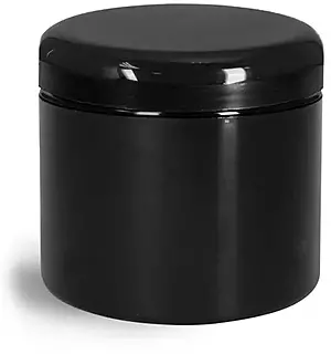 4 oz Plastic Jars, Black Polypropylene Double Wall Straight Sided Jars w/ Lined Black Dome Caps