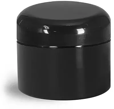 1 oz Plastic Jars, Black Polypropylene Double Wall Straight Sided Jars w/ Lined Black Dome Caps