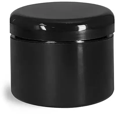 8 oz Plastic Jars, Black Polypropylene Double Wall Straight Sided Jars w/ Lined Black Dome Caps