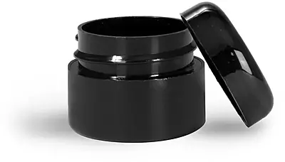 1/4 oz Plastic Jars, Black Polypropylene Double Wall Straight Sided Jars w/ Lined Black Dome Caps