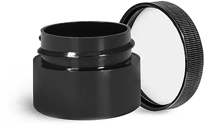 1/4 oz Plastic Jars, Black Polypropylene Double Wall Straight Sided Jars w/ Black Ribbed PE Lined Caps