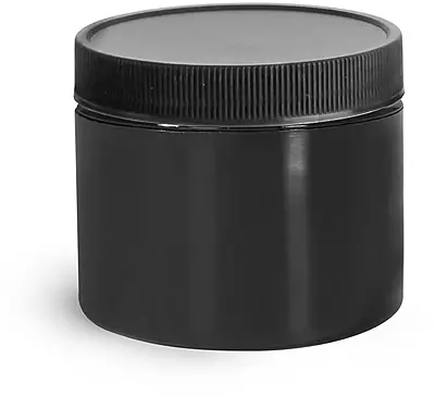 2 oz Plastic Jars, Black Polypropylene Double Wall Straight Sided Jars w/ Black Ribbed PE Lined Caps