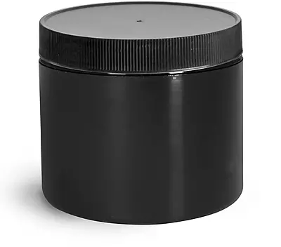 4 oz Plastic Jars, Black Polypropylene Double Wall Straight Sided Jars w/ Black Ribbed PE Lined Caps