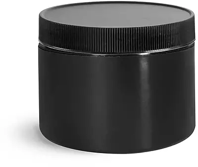 8 oz Plastic Jars, Black Polypropylene Double Wall Straight Sided Jars w/ Black Ribbed PE Lined Caps