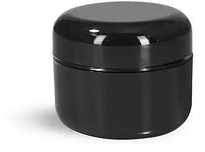 1 oz Plastic Jars, Black Plastic Double Wall Radius Jars w/ Black Lined Dome Caps