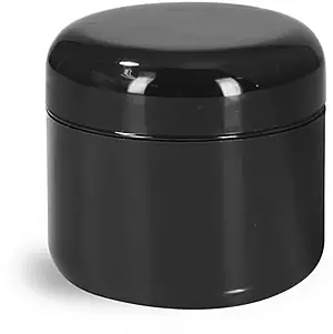 2 oz Plastic Jars, Black Plastic Double Wall Radius Jars w/ Black Lined Dome Caps