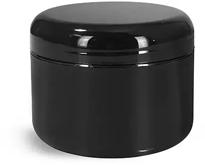 8 oz Plastic Jars, Black Plastic Double Wall Radius Jars w/ Black Lined Dome Caps