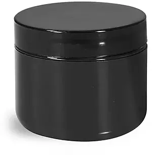 2 oz Plastic Jars, Black Polypropylene Double Wall Radius Jars w/ Smooth Black Lined Caps
