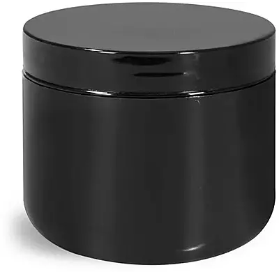 4 oz Plastic Jars, Black Polypropylene Double Wall Radius Jars w/ Smooth Black Lined Caps