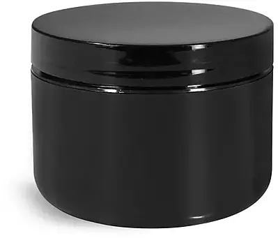 8 oz Plastic Jars, Black Polypropylene Double Wall Radius Jars w/ Smooth Black Lined Caps