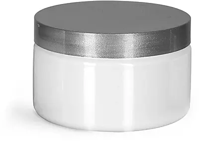 4 oz Plastic Jars, White PET Heavy Wall Jars w/ Silver Smooth PE Lined Caps