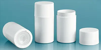 2.5 oz White Styrene Push Up Deodorant Containers w/ White Ribbed Screw Caps