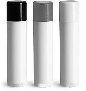.15 oz White Polypropylene Lip Balm Tubes w/ Assorted Color Caps (Black, Gray, White)