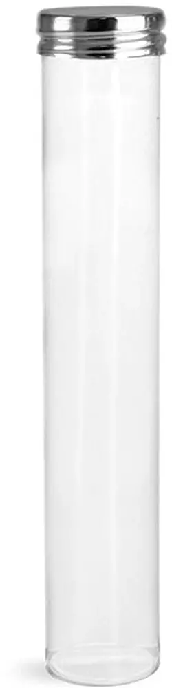 75 ml Clear Plastic Round Tube w/ Silver Metal Screw Threaded Lined Cap