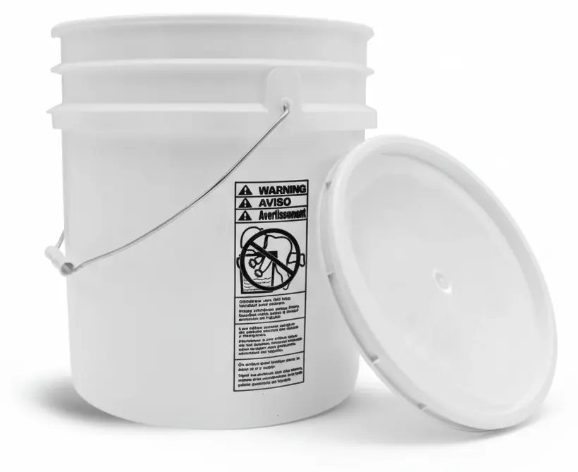 5 gal w/ Standard Lid 5 Gallon White HDPE Pails w/ Metal Handles, Safety Warning & Lids, UN Rated