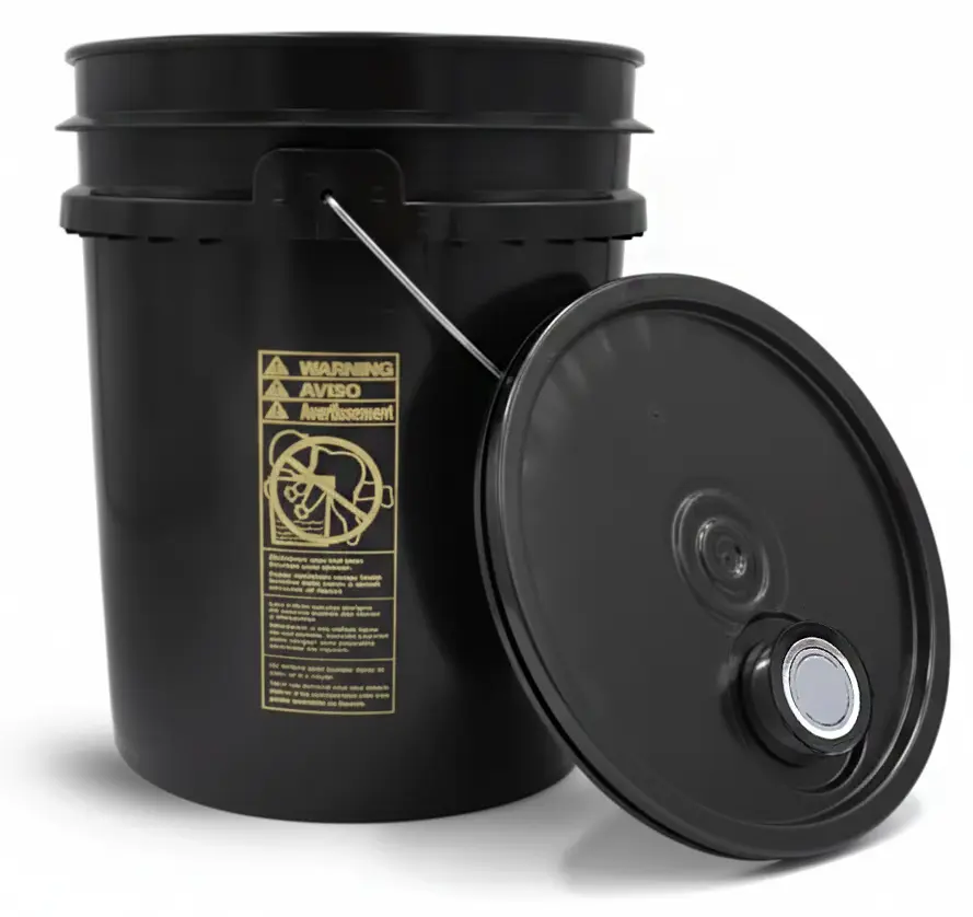 5 gal w/ Rieke Lid Black HDPE Regrind Open Head Pails w/ Gold Child Safety Labels, Metal Bails & Lids