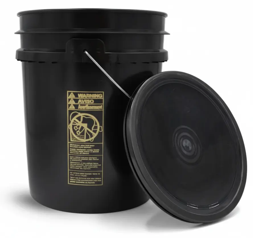 5 gal w/ Standard Lid Black HDPE Regrind Open Head Pails w/ Gold Child Safety Labels, Metal Bails & Lids