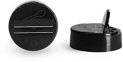 53/485 Dispensing Caps, Black Polypropylene Spice Caps w/ Pressure Sensitive Liners