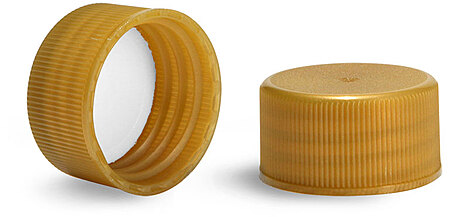 24/414 Plastic Caps, Gold Polypropylene Ribbed PE Lined Caps