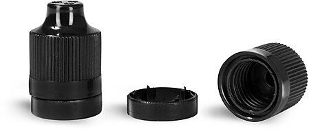 13/415 Plastic Caps, Black Ribbed Child Resistant Tamper Evident Dropper Tip Caps
