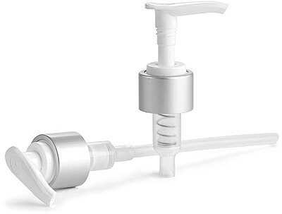 24/410, 6 tube Lotion Pumps, White Lotion Pumps w/ Brushed Aluminum Collars