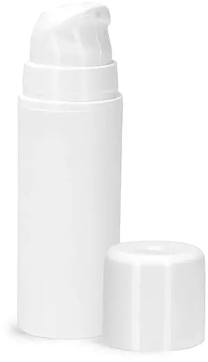 30 ml White Polypropylene Mini Airless Pump Bottles w/ Pumps, Snap Caps, & White Overcaps