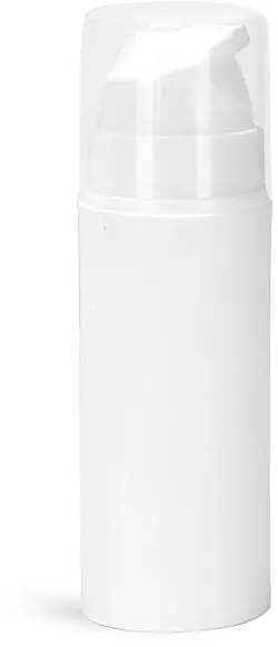 30 ml White Polypropylene Mini Airless Pump Bottles w/ Pumps, Snap Caps, & Clear Overcaps