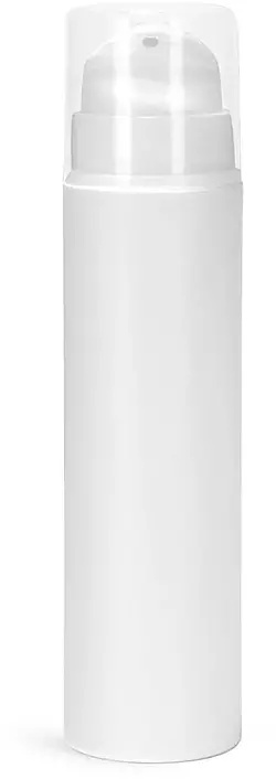 50 ml White Polypropylene Mini Airless Pump Bottles w/ Pumps, Snap Caps, & Clear Overcaps