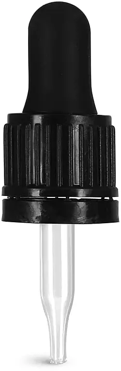 18/415 (7 mm x 48 mm) Glass Droppers, Black Bulb Glass Droppers w/ Tamper Evident Seal