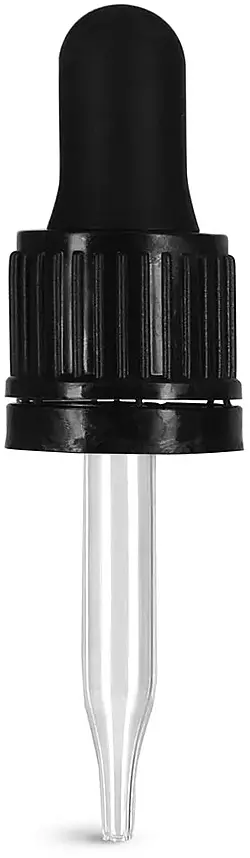 18/415 (7 mm x 58 mm) Glass Droppers, Black Bulb Glass Droppers w/ Tamper Evident Seal