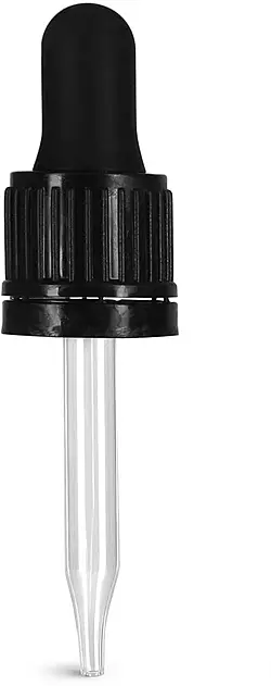 18/415 (7 mm x 65 mm) Glass Droppers, Black Bulb Glass Droppers w/ Tamper Evident Seal