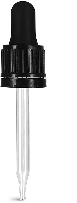 18/415 (7 mm x 77 mm) Glass Droppers, Black Bulb Glass Droppers w/ Tamper Evident Seal