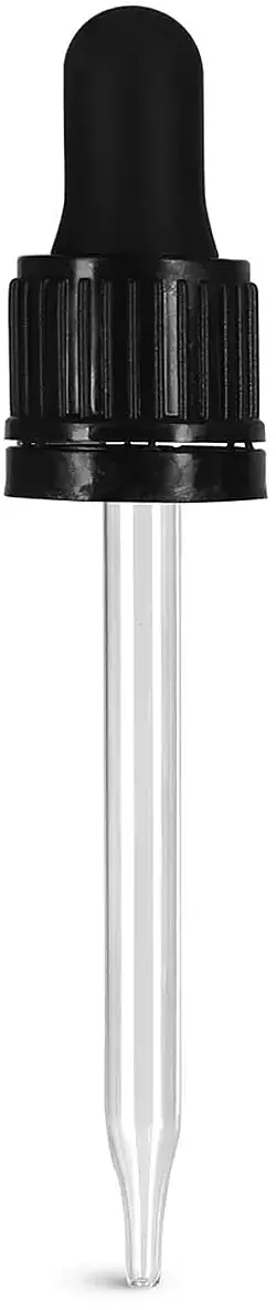 18/415 (7 mm x 89 mm) Glass Droppers, Black Bulb Glass Droppers w/ Tamper Evident Seal