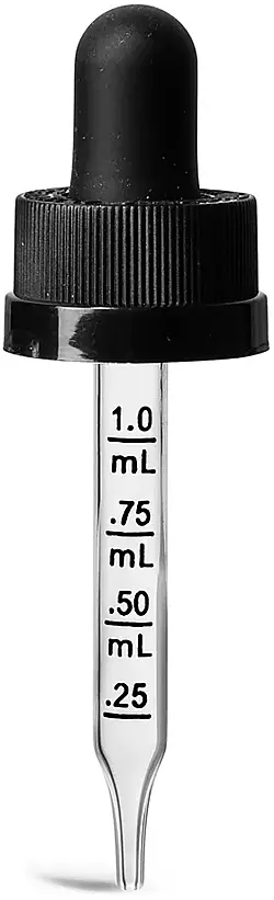 18/400 (7 mm x 66 mm) Child Resistant Caps, Black Child Resistant Graduated Droppers w/ Glass Pipettes