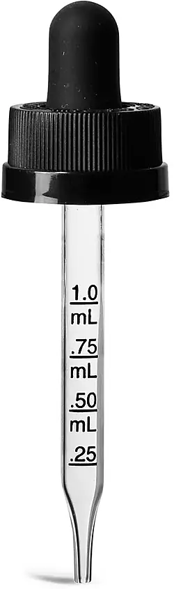 20/400 (7 mm x 76 mm) Child Resistant Caps, Black Child Resistant Graduated Droppers w/ Glass Pipettes