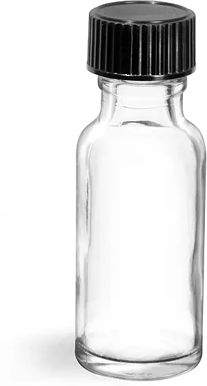 1/2 oz  Clear Glass Round Bottles w/ Black Phenolic Cone Lined Caps